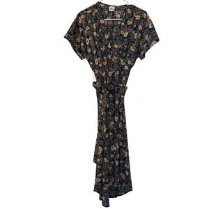 Jane Wood Navy Blue Floral V-Neck Midi Dress with Belt Size 1 Small Short Sleeve